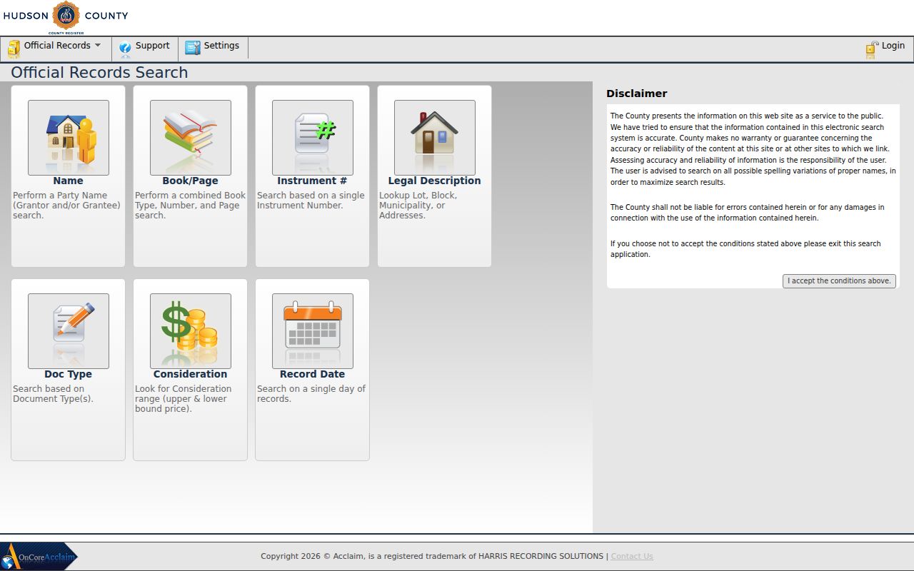 Hoboken street directory view of the Hudson County Register AcclaimWeb search page