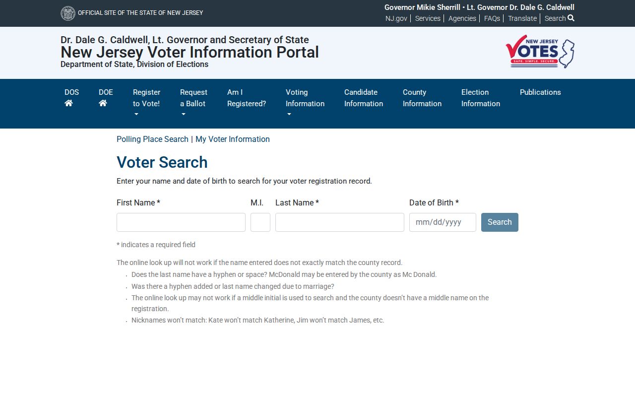 Hoboken resident lookup screenshot of the New Jersey voter registration check