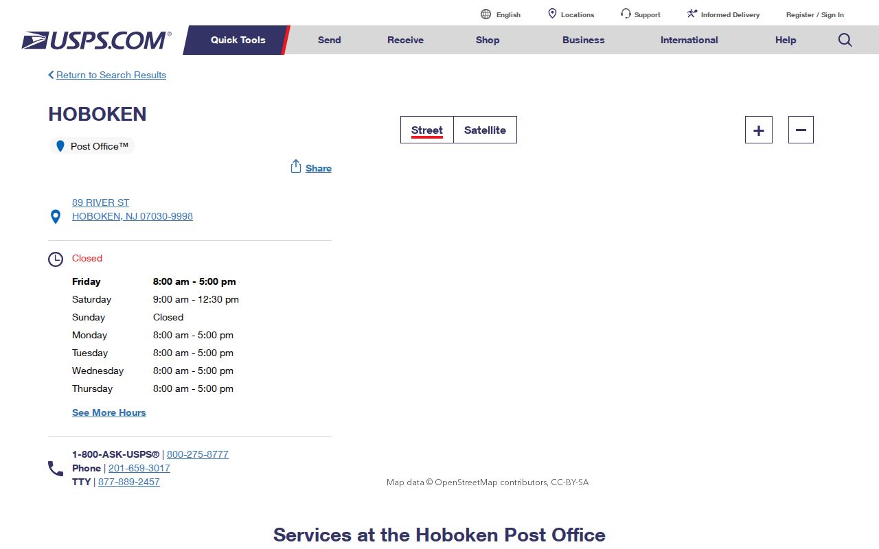 Hoboken ZIP code directory reference showing the USPS 07030 Main Office